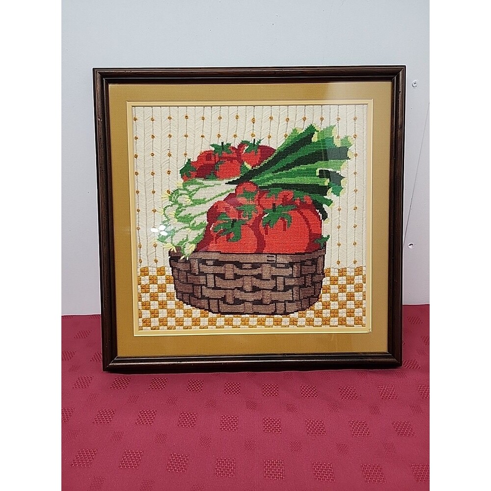Vintage 1970s Crewel&Needlepoint Art Custom Framed Matted Tomatoes Leeks 18 x 18